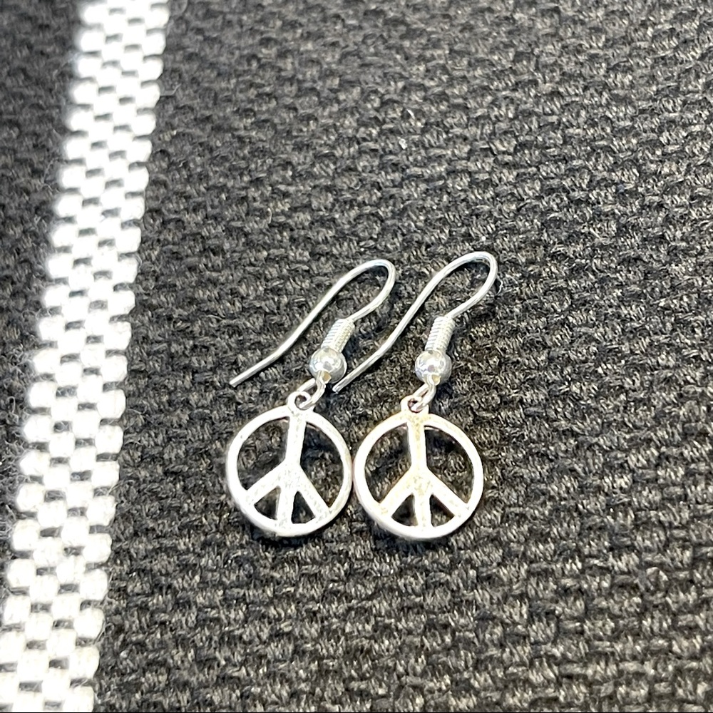 Earrings dangle Hook style peace signs handcrafted Silvertone